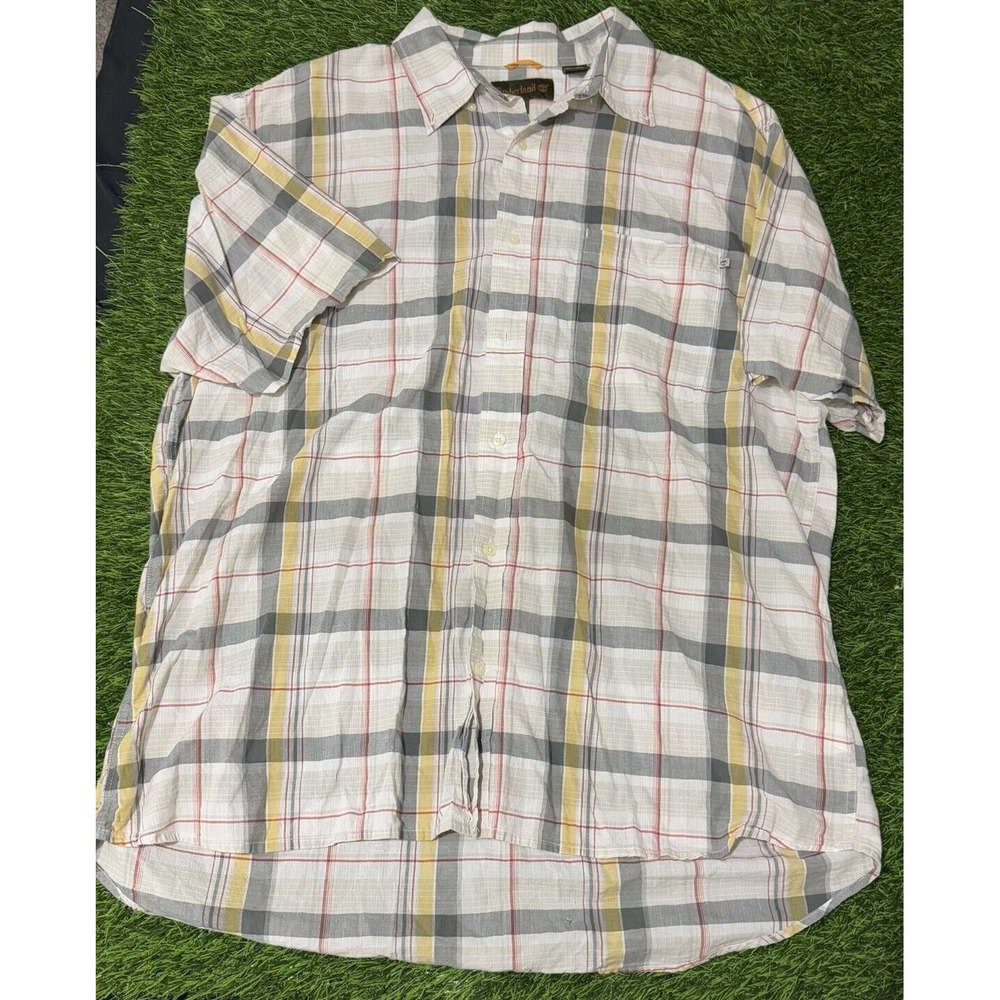 Timberland Button Down Shirt XXL Short Sleeve Plaid Pocket Logo Multicolor